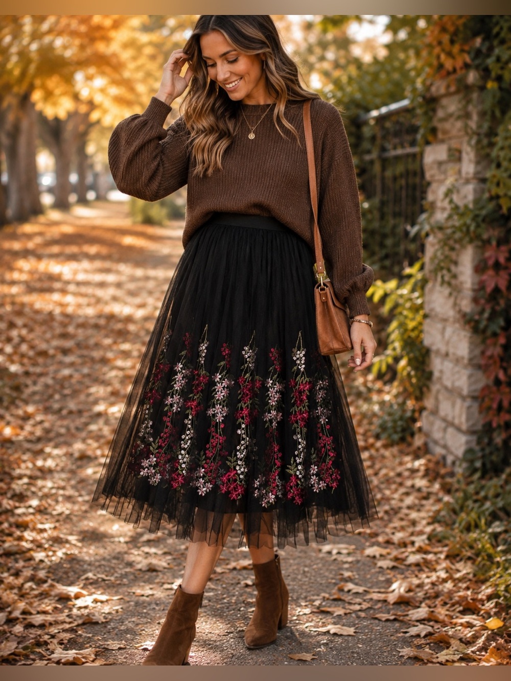 Moon Collection Black Tulle Embroidered Midi Skirt Floral Mesh A-Line S/M